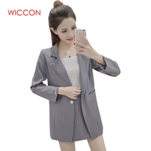 WICCON Лидер продаж Новые осенние полосатые костюмы с длинной юбкой Дамская мода Повседневное полной длины с длинными рукавами костюм с одной пуговицей юбка миди костюмы
