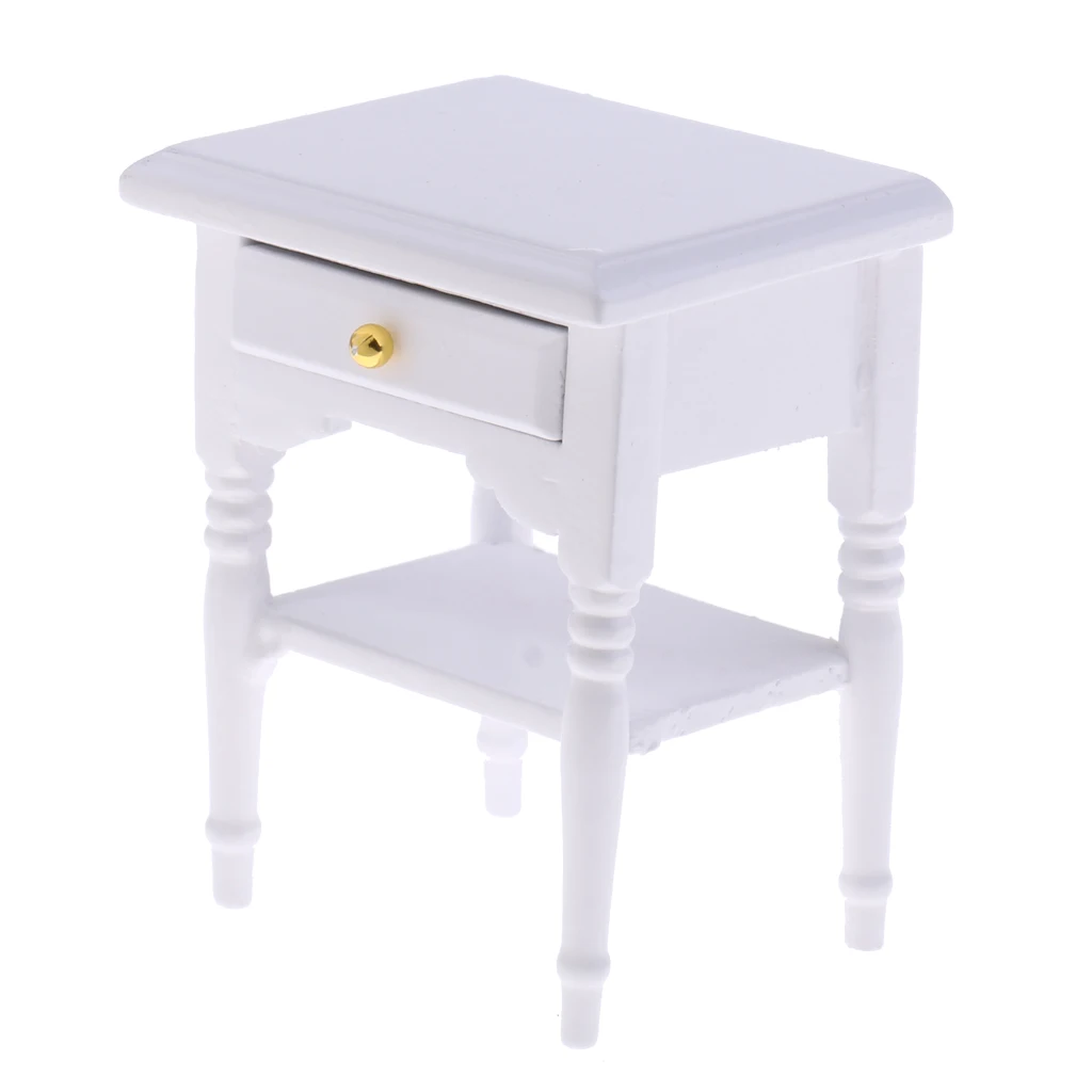 1/12 Dollhouse Miniature Furniture Bedside Table Nightstand with Drawer 1/12 Scale Doll House Decor Classic Toy for Children