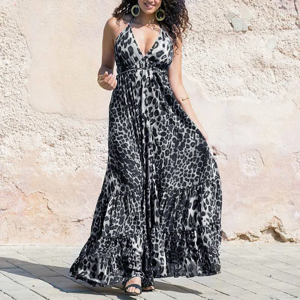 

2019 Leopard Print Long Maxi Dress Women Summer Boho Spaghetti Strap V Neck Backless Party Long Dress Ladies Sundress Vestidos