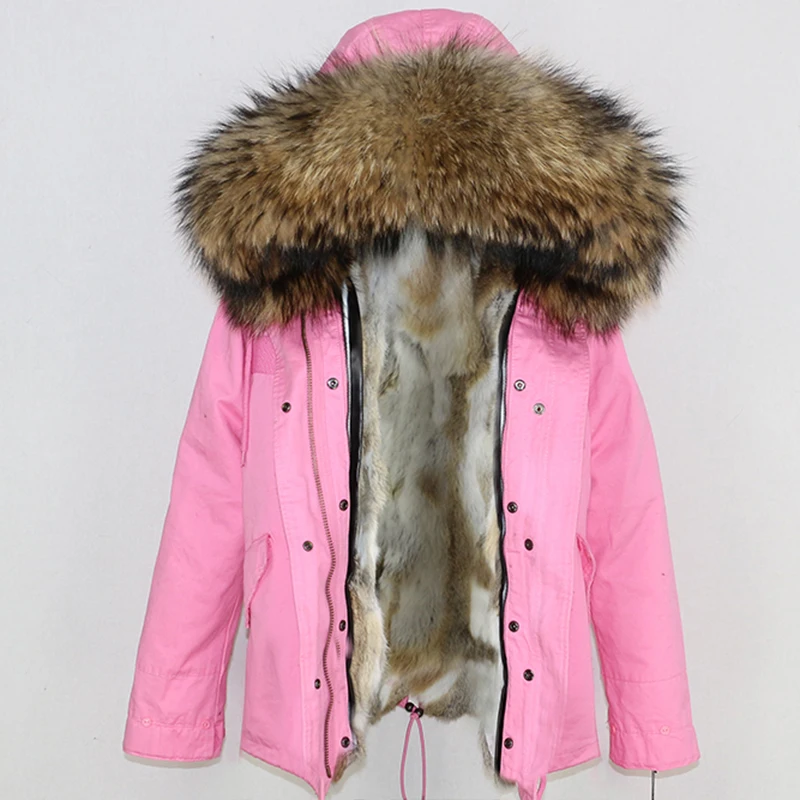 OFTBUY пальто с натуральным мехом, зимняя куртка, женская короткая парка, воротник из натурального меха енота, Толстая теплая подкладка из кроличьего меха, отстегивается, Новинка - Цвет: pink natural