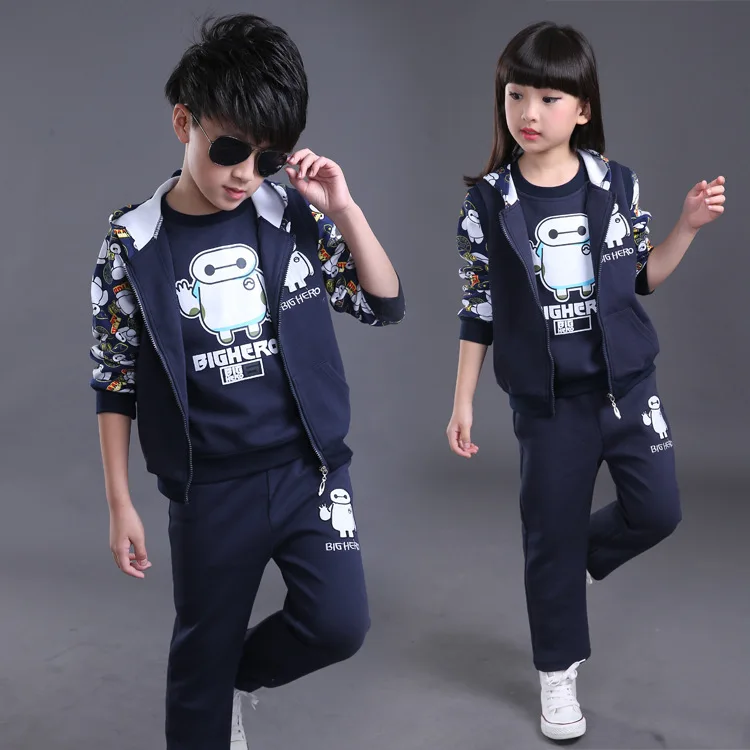 

New 3 Pcs Fall and Winter Sport Tracksuit Children Boy and Girls Long Sleeve Tops Hooded Jacket and Pants Big Boys Clothes Sets