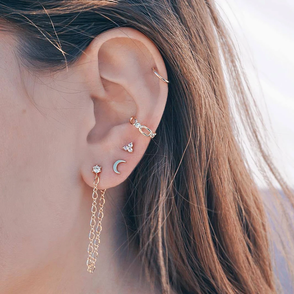 

5 Pcs/set Women Simple Golden Moon Crystal Geometric Chain Tassel Stud Earrings Set Charm Party Jewelry Gift Accessories