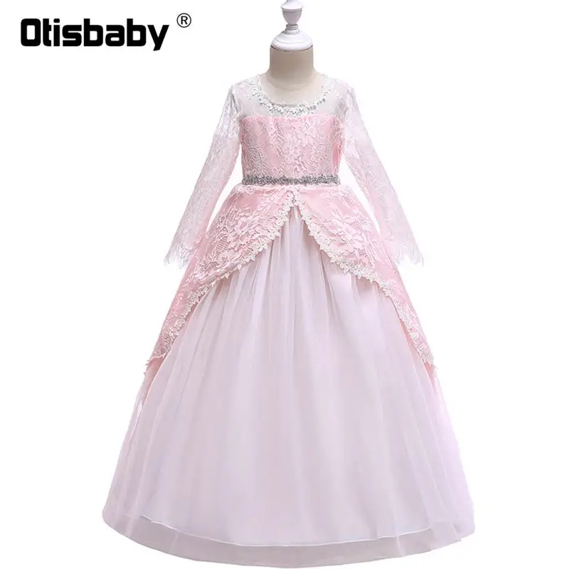 Новые детские кружевные свадебные вечерние платья в пол с длинными рукавами и цветочным рисунком для девочек; бальное платье для дня рождения; платье принцессы для церемоний - Цвет: Pink