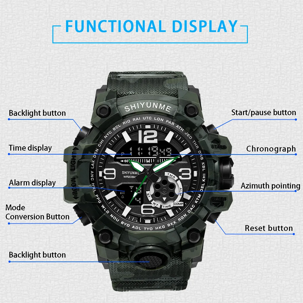 2019new Brand Sports Watches Men Dual Time Camouflage Military Watch Men Army LED Digital Wristwatch 50M Waterproof Men's Clock