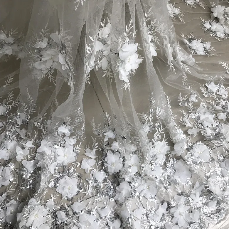 

New Pink White Handmade 3D Flower Beaded Fabric Sequins Mesh Fabric for Dresses Fahion Clothing Width 125cm Wedding Dress Fabric