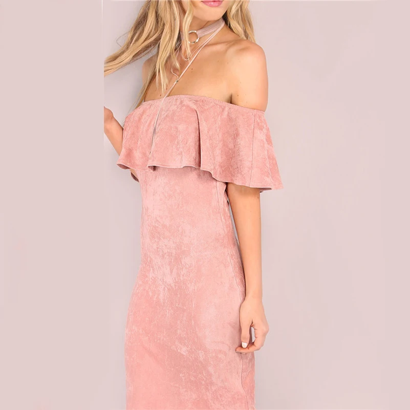 

Women Party Dresses Elegant Evening Sexy Club Dresses Slash Neck Backless Midi Pink Faux Suede Off The Shoulder Ruffle Dress ~~