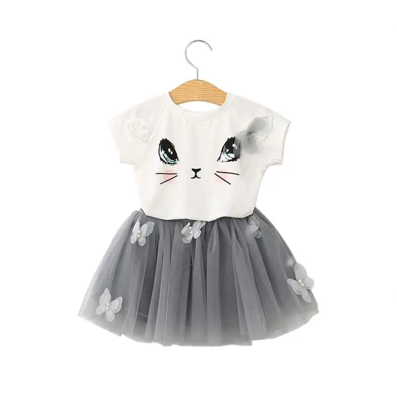 

New arrival fashion Kids Girls Cat Pattern Shirt Top Butterfly Tutu Skirt Set Clothing for 3T/4T/5T/6T/7T children