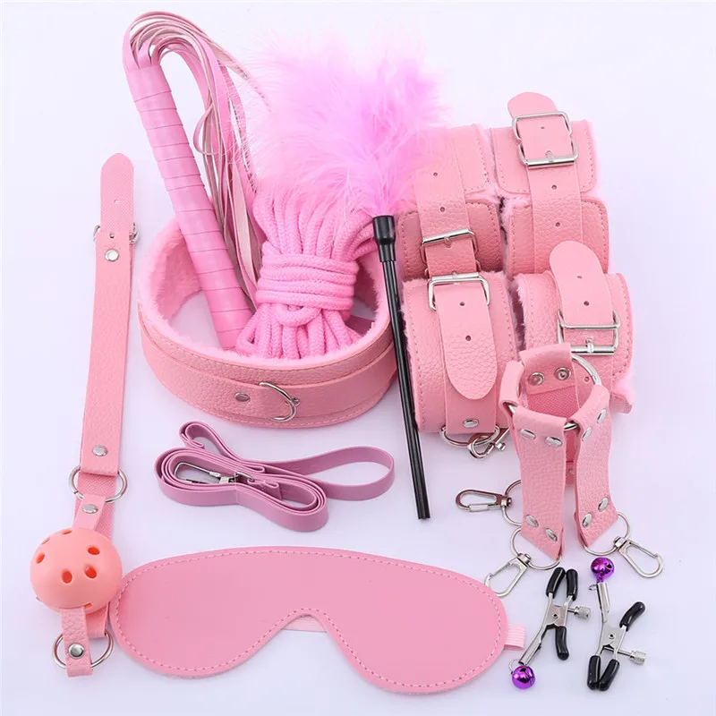 Skup 10 sztuk zestaw Sexy bielizna PU Leather bdsm zestaw Bondage Sex mankiety ręczne Footcuff bat Rope Blindfold seks erotyczny zabawki intymne towary