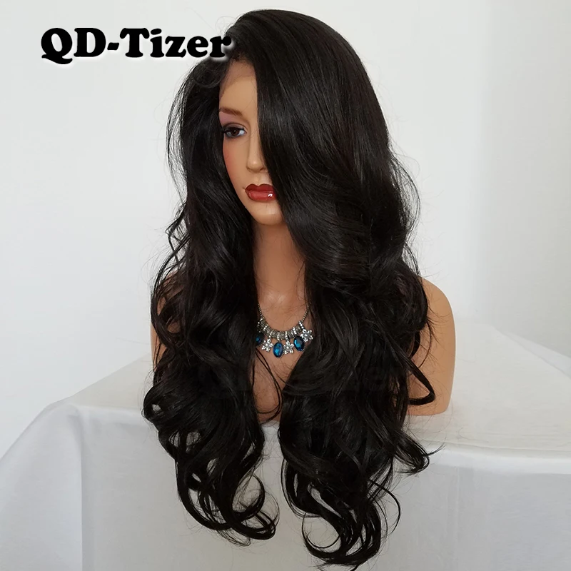 QD-Tizer Long Body Wave Synthetic Lace Wig Glueless Brown Color Free Part Heat Resistant Synthetic Lace Front Wig for Women