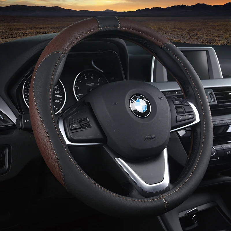 

KKYSYELVA 38cm Auto Steering-Wheel Black Car Styling Steering Wheel Cover Leather Steering Covers Car Interior Accessories