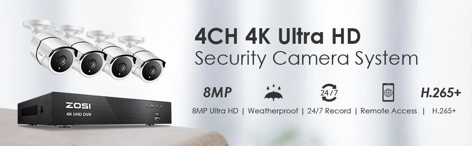 ZOSI 4K Ultra HD система видеонаблюдения 4 канала H.265+ 4K видео Dvr с 2 ТБ HDD и 4x4 K(8MP) Ip67 Пуля Всепогодные Камеры