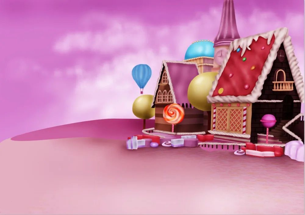 7 X5Ft Pink Clouds Sky Candyland Chocolate House Candy Bar Beans Land Custom Photo Studio Sfondo Sfondo Vinile 220Cm X 150Cm