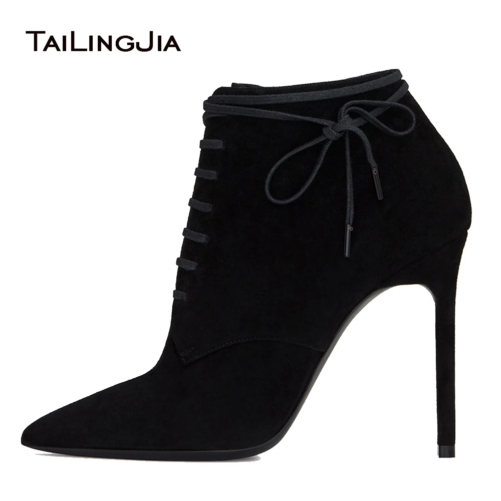

Black Faux Suede High Heel Pointed Toe Ankle Boots for Women 2019 Lace Up Stiletto Heel Booties Ladies Spring Autumn Shoes