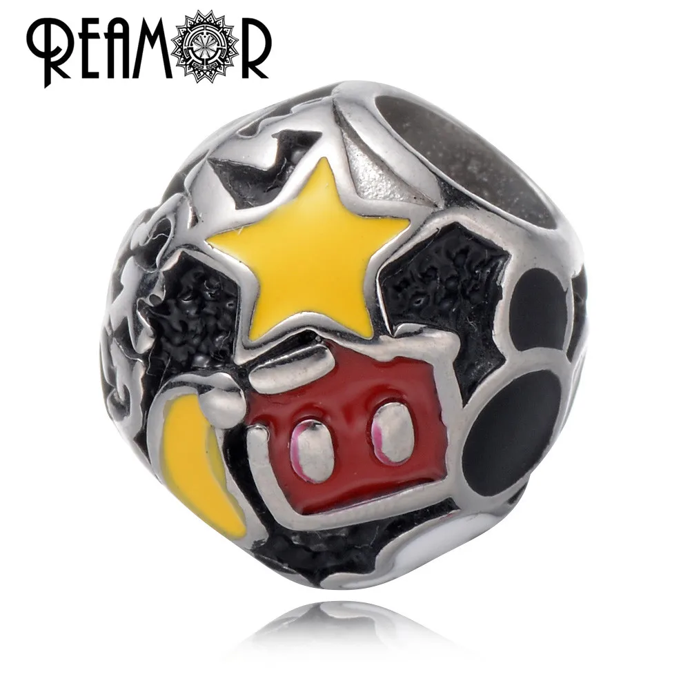 

REAMOR 316l Stainless Steel Enamel Mickey Mouse & Star European Spacer Beads Charm For DIY Pan Bracelet Jewelry Making