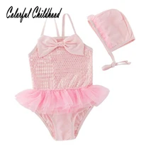 Детская одежда корейского производства; на возраст 5–15 лет; сезон осень купальник для маленьких девочек сиамские Купальники Блестки Шнуровка с бантиком купальный костюм праздник спа купальники