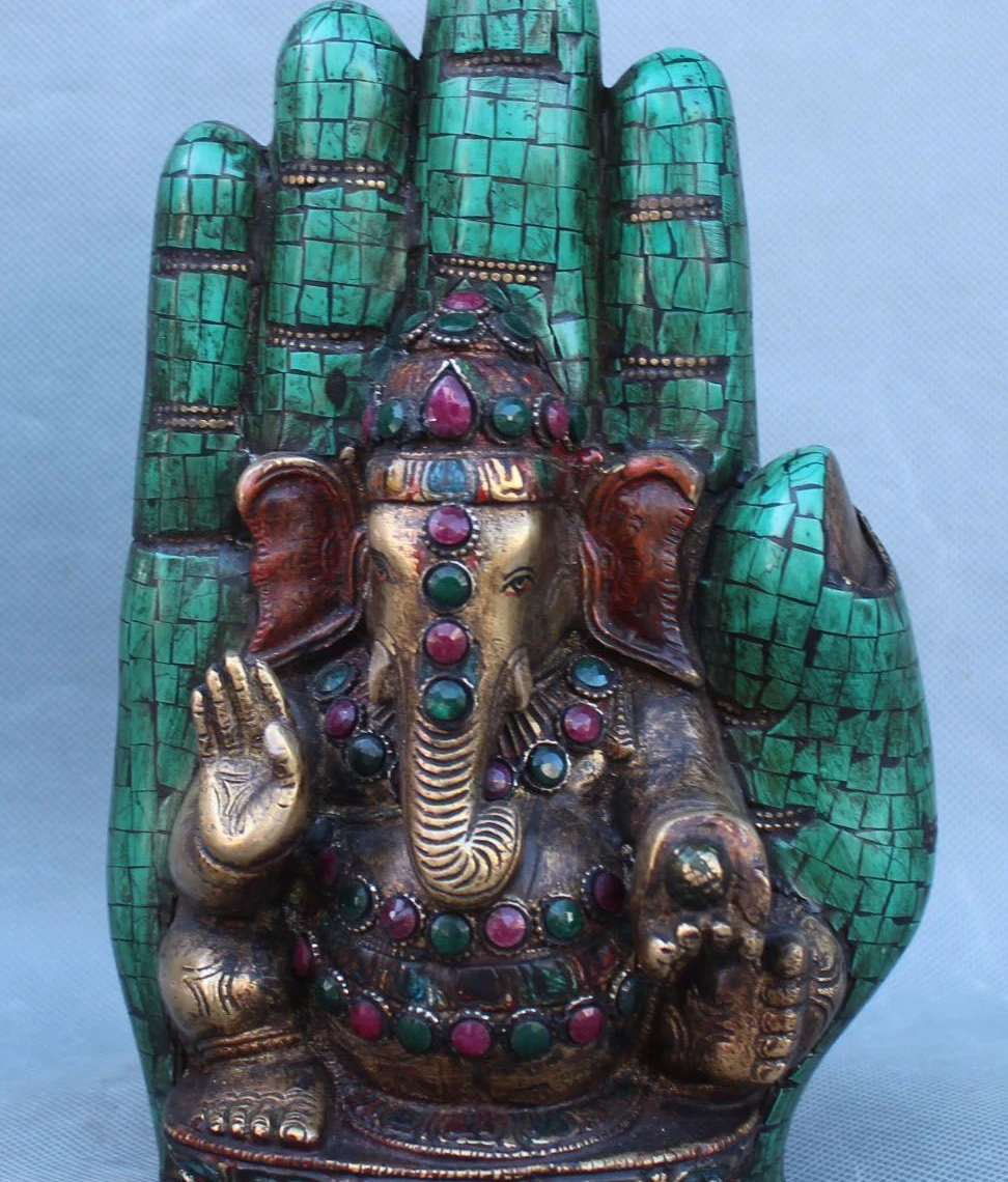 

10"Old turquoise red coral Bronze Gild Buddha Hand Elephant Ganesh Mammon Statue