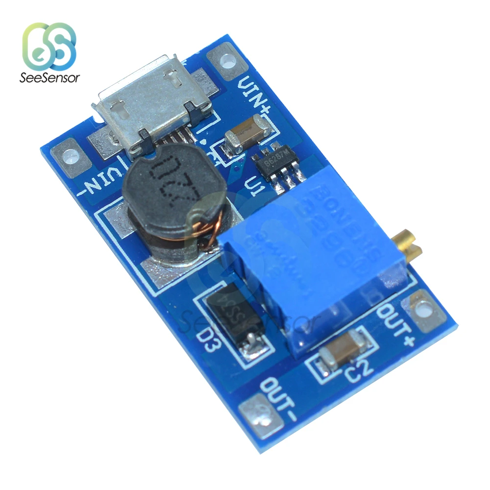 MT3608 2A DC-DC регулируемый Повышающий Модуль Boost доска с Micro USB 2 V-24 V 5V 9V 12V 28V