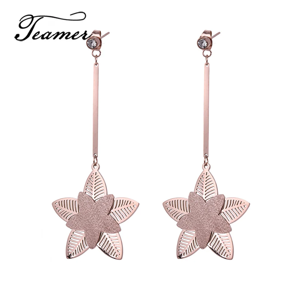 

Teamer Romantic Hollow Flower Gold Earrings for Women Stainless Steel Long Earrings Korean Fashion Brincos CZ Crystal Jewely