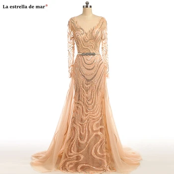 شراءرداء De Soiree جديد رقبة مغرفة دانتيل كريستال كم طويل ذهبي مثير حورية البحر دبي فساتين سهرة طويلة فستان فاخر حقيقي