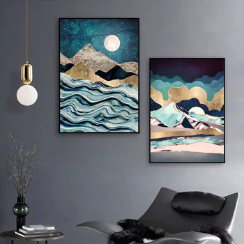 

Abstract natural landscape art Indigo Mountains and Sea Canvas Poster Natural poster Wall Pictures for Living Room No Frame