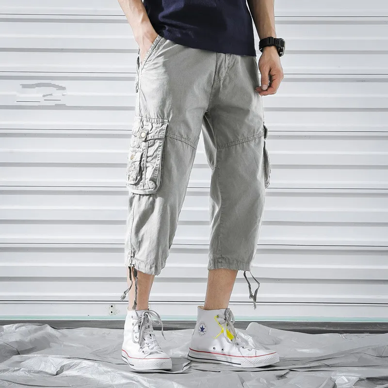 Летние мужские брюки карго размера плюс, длина 3/4, повседневные тренировочные военные тактические штаны, короткие брюки карго, штаны с несколькими карманами - Цвет: Light Grey