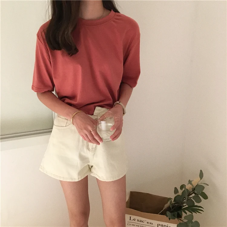 Jielur Tee Shirt 15 Solid Color Basic T Shirt Women Casual O-neck Harajuku Summer Top Korean Hipster White Tshirt S-XL