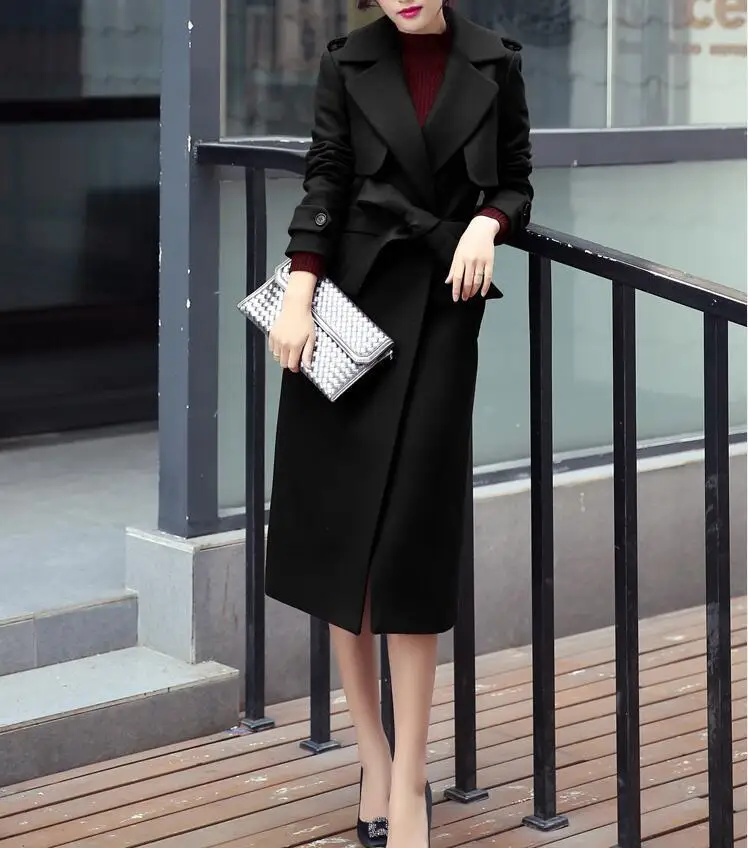 Новое осенне-зимнее женское двубортное шерстяное пальто Элегантное длинное пальто с поясом Брендовая женская утепленная куртка размера плюс 2XL - Цвет: Черный