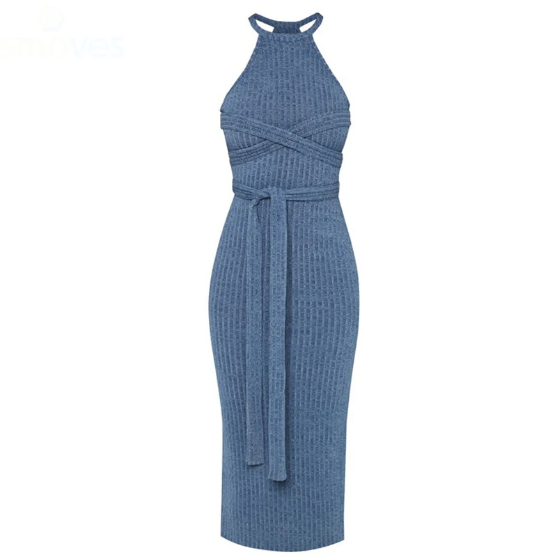 Colysmo синий Racer шеи ребристые миди платье повязки Sash wrap Bodycon вязаный свитер платья