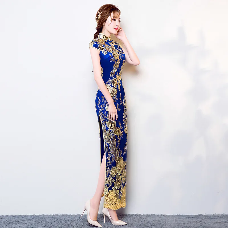 Винтаж китайский Стиль Cheongsam свадебное платье синие женские кружева длинное платье Qipao вечерние вечернее платье ретро одежда Vestido S-XXXL