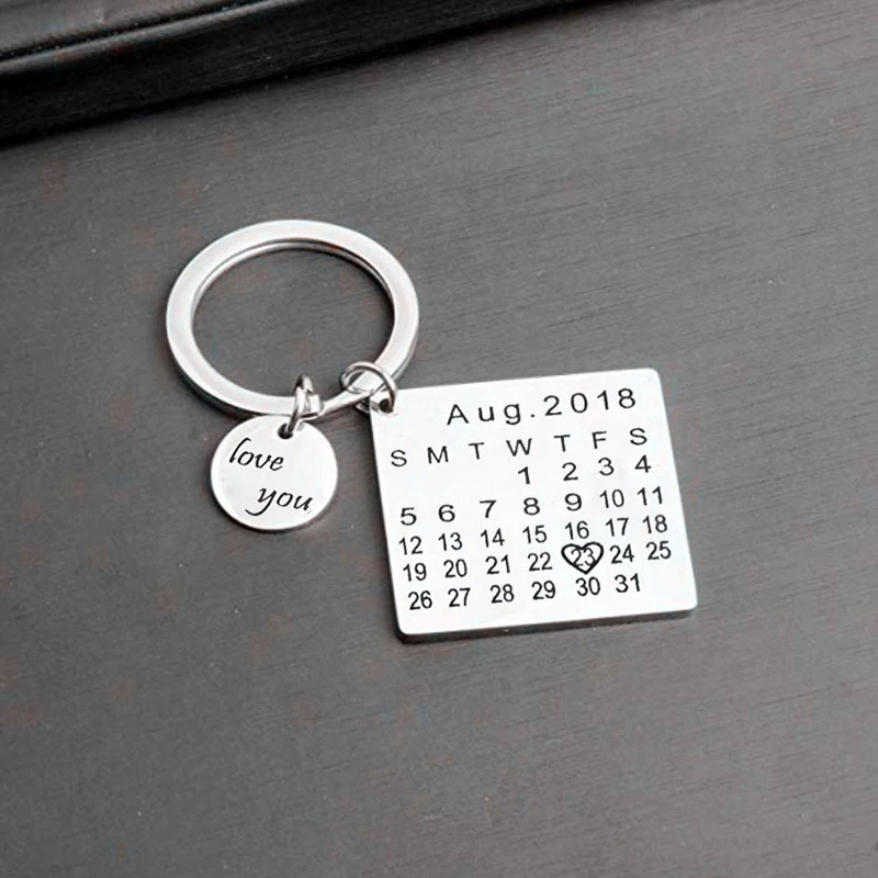 

Fashion Popular Personalized Calendar Keychain Charm Key Ring Hand Stamped Calendar Date Highlighted with Heart Wholesale