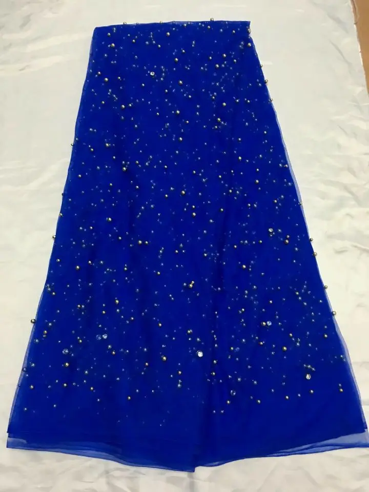 

5 Yards/pc Wonderful royal blue french net lace fabric with beads and crystal decoration african mesh lace for dress QN61-2
