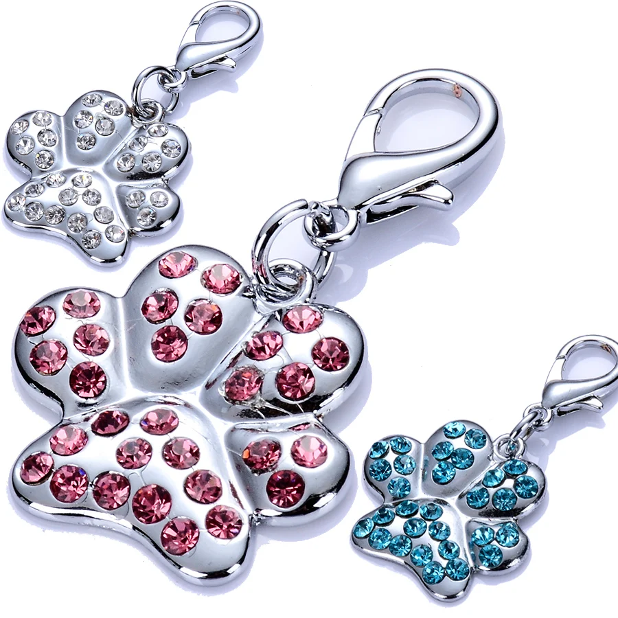 

Rhinestone Pendants Dog Tag Paw Charms For Dog Collars Lobster Clasp Jewelry Dog Accessories Pet Products Pink Blue White Color