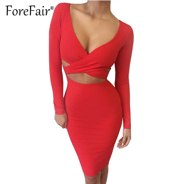 Forefair Sexy Criss-Cross V Neck Bodycon Dress Women Autumn Winter Long Sleeve Night Club Wear Slim Wrap Party Dresses Vestidos