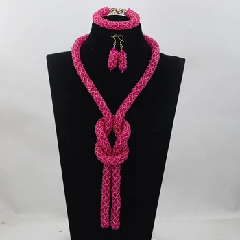 

Lovely Hot Pink Jewelry Sets Women African Beads Bridal Twisted Necklace Bracelet Earrings Set Gift Free Shipping WD850