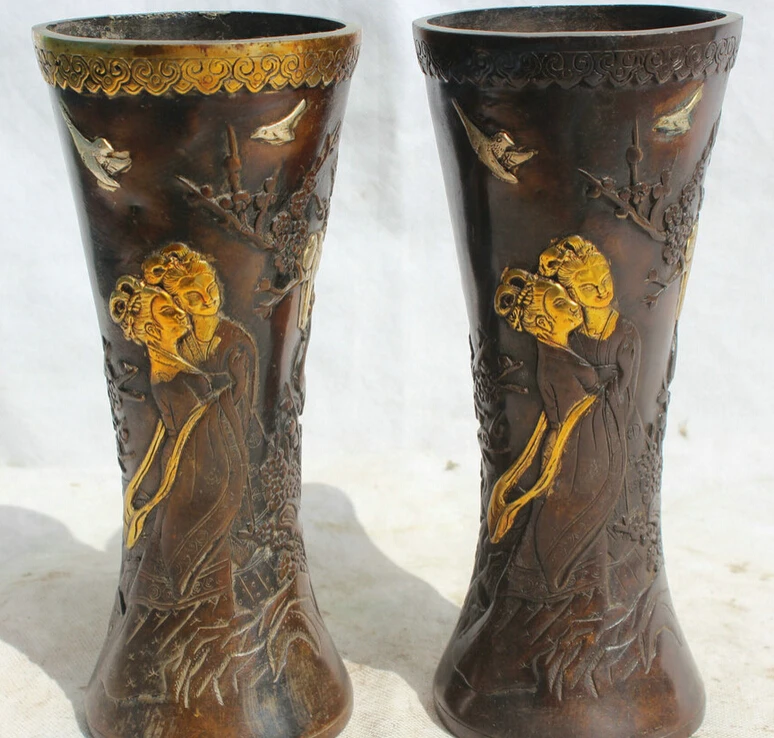 

Elegant old S2015 9" Marked Chinese Dynasty palace Bronze Gild woman bird flower Bottle Vase Pair statue