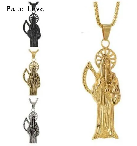 

Fate Love High Quality Holy Saint Death Santa Muerte Skull Delicate Pendant Stainless steel Rolo Chian Necklace XMAS Gifts Men