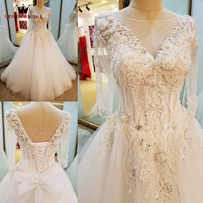 

Long Sleeve A-line V-neck Lace Beaded Ivory Wedding Dresses Elegant Bride Dress Wedding Gowns 2018 New Design Custom Made XG04