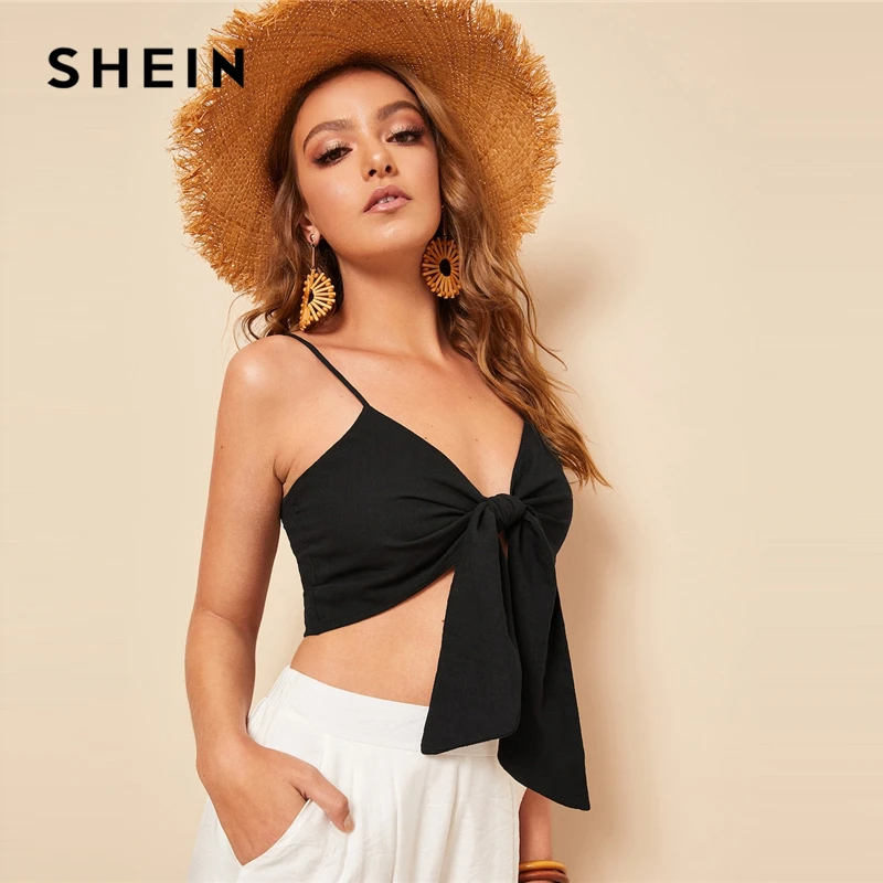 SHEIN черный Boho Узелок спереди Простой Топ на бретельках для женщин летние вечерние Highstreet пляжные современные женские жилеты