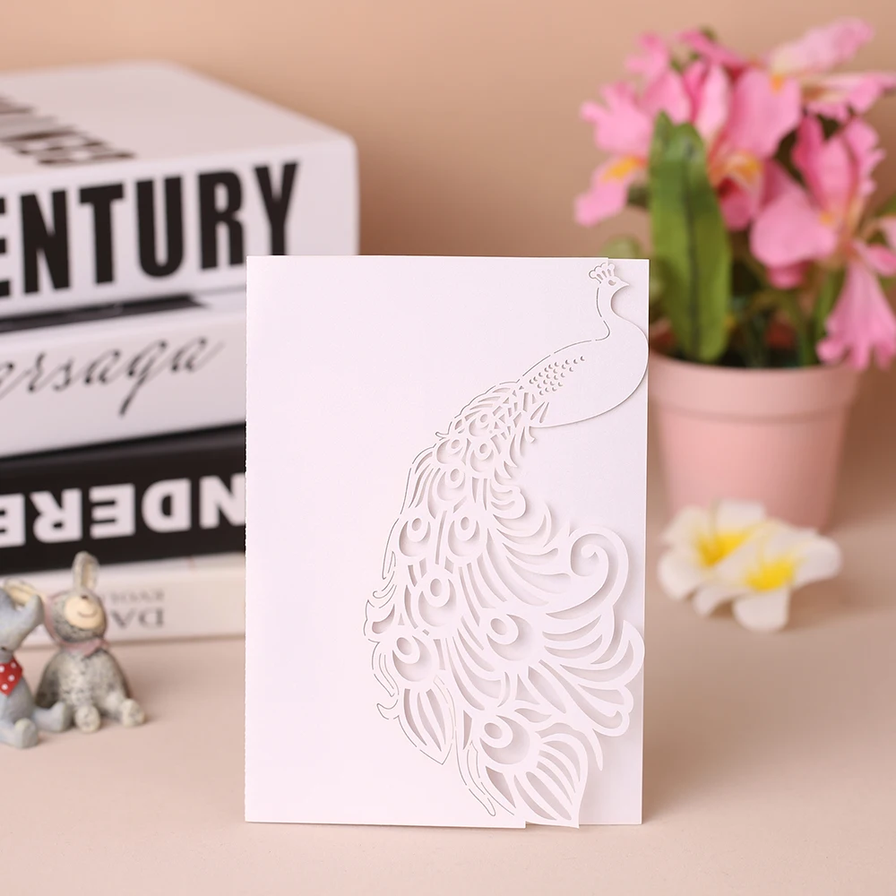  10pcs/set Elegant Carved Peacock Pattern Laser Cut Wedding Invitation Card Event Party Supply Shiny - 32842218700