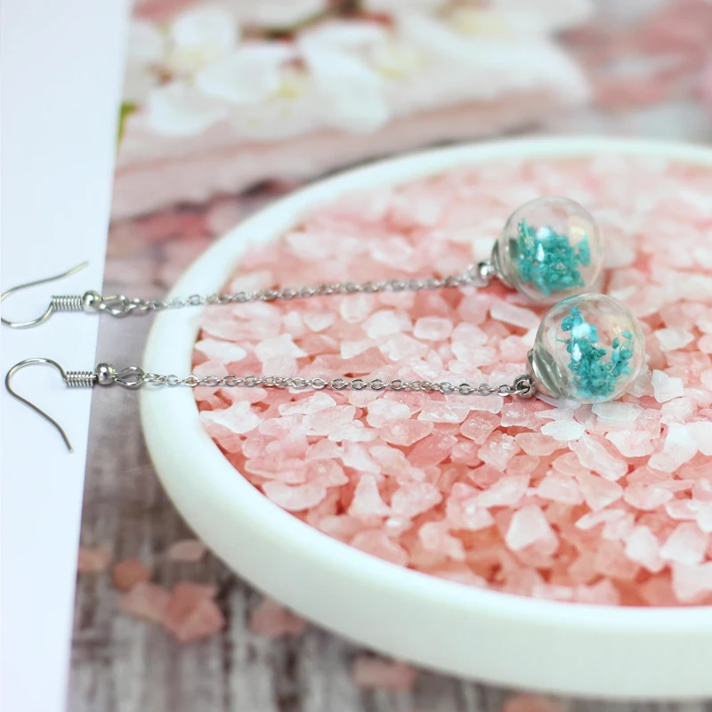 Серьги с высушенным цветком стеклянные шарики фантазия DIY Ушные линии #
