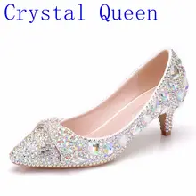 Женское кольцо lqueen обувь Золушки Для женщин каблуки для Вечеринка сверкающие круглый носок цвет на заказ Стразы бантом свадебные туфли женские туфли-лодочки
