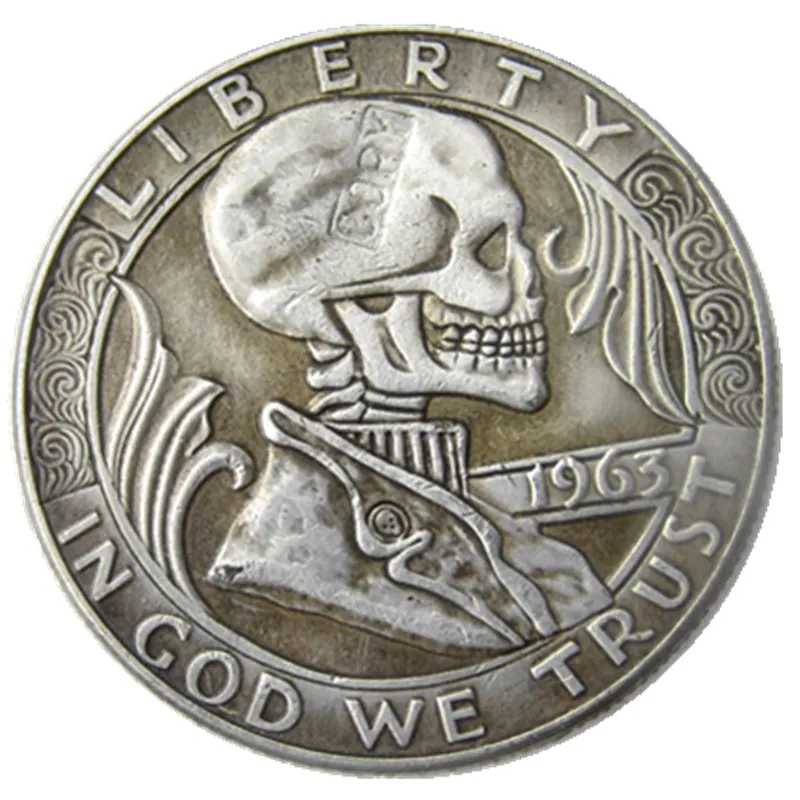 

Hobo Creative 1963 Franklin Silver Half Dollar skull zombie skeleton hand carved Copy Coins
