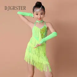 Djgrster девушка зеленый красный Блестки блестка Костюмы для латиноамериканских танцев платье для танцев для Обувь для девочек кисточкой