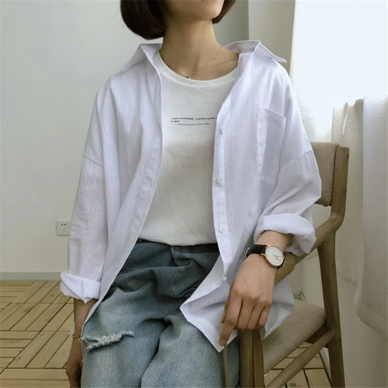  100% Cotton Casual White Sunproof Blouse Women 2018 Summer Women Long Sleeve White Shirts Blouse Hi