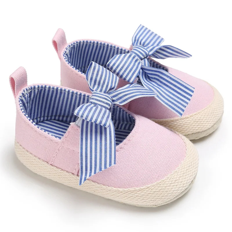 Baby Girls Princess Shoes Infant Toddler Crib Bebe Kids First Walkers Mary Jane Striped Big Bow Soft Soled Anti-Slip Dress Shoe