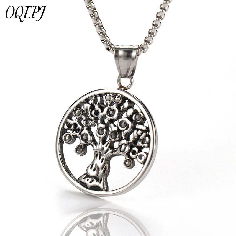 

OQEPJ Gothic Tree Of Life Sharp Necklaces Pendant Stainless Steel Silver Color Plant Round Necklace Auspicious Tree Jewelry