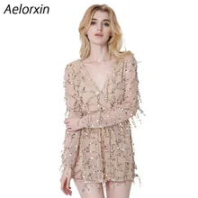 Aelorxin 2017 Summer Dress Women Sexy Sequin Tassel Beach Party Short Dress V-neck Vintage Office Dress Female Vestidos Bohemia