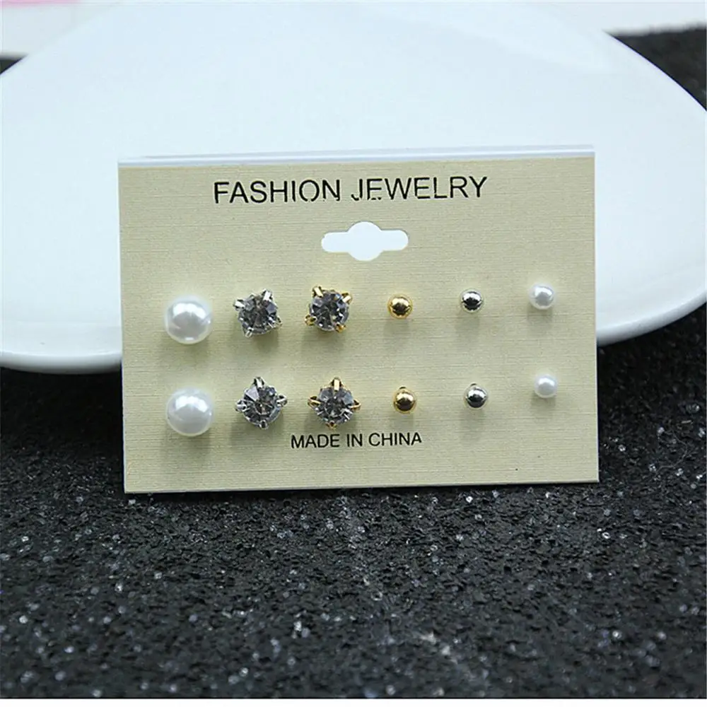 Fashion 6 pair/set Women Round Crystal Stud Earrings for Women Cubic Zircon Piercing Earrings for Girls Jewelry Gift jn0462