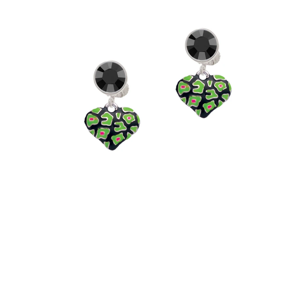Lime Green Cheetah Print Heart Crystal Clip On Earrings (2)