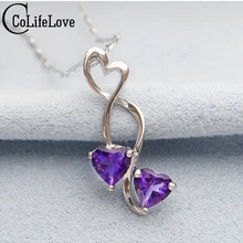Модные дизайнерские подвеска в форме сердца реальные 925 твердых стерлингового серебра натуральный в форме сердца аметист Винтаж подвеска для девочки